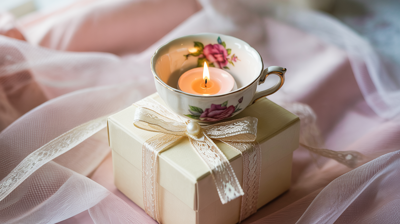 8. Tea Cup Candle in a Box with Lace Ribbon