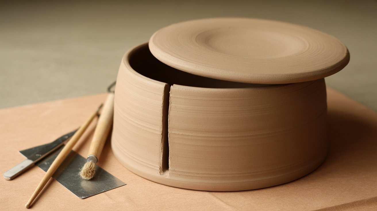 A pottery container with a lid and a brush resting beside it, showcasing a traditional craft setup.