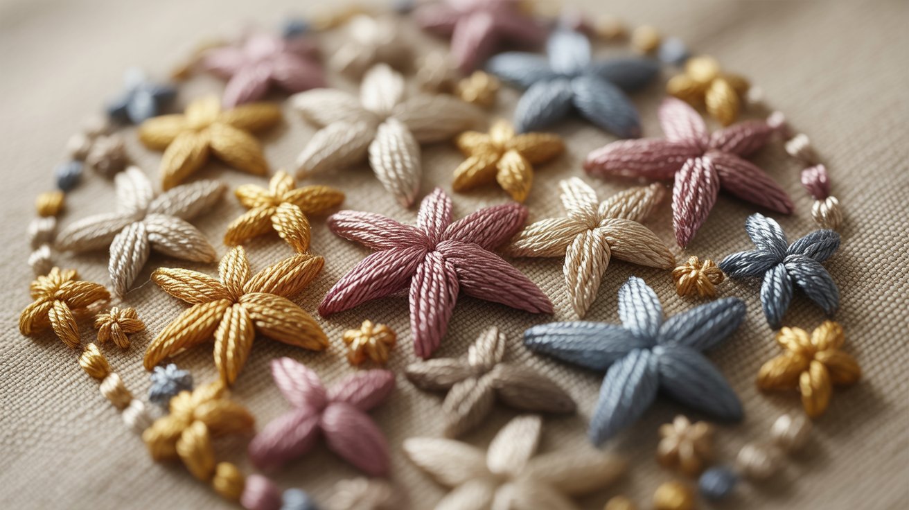 . Close-up of intricate flower embroidery showcasing vibrant colors and detailed stitching patterns.