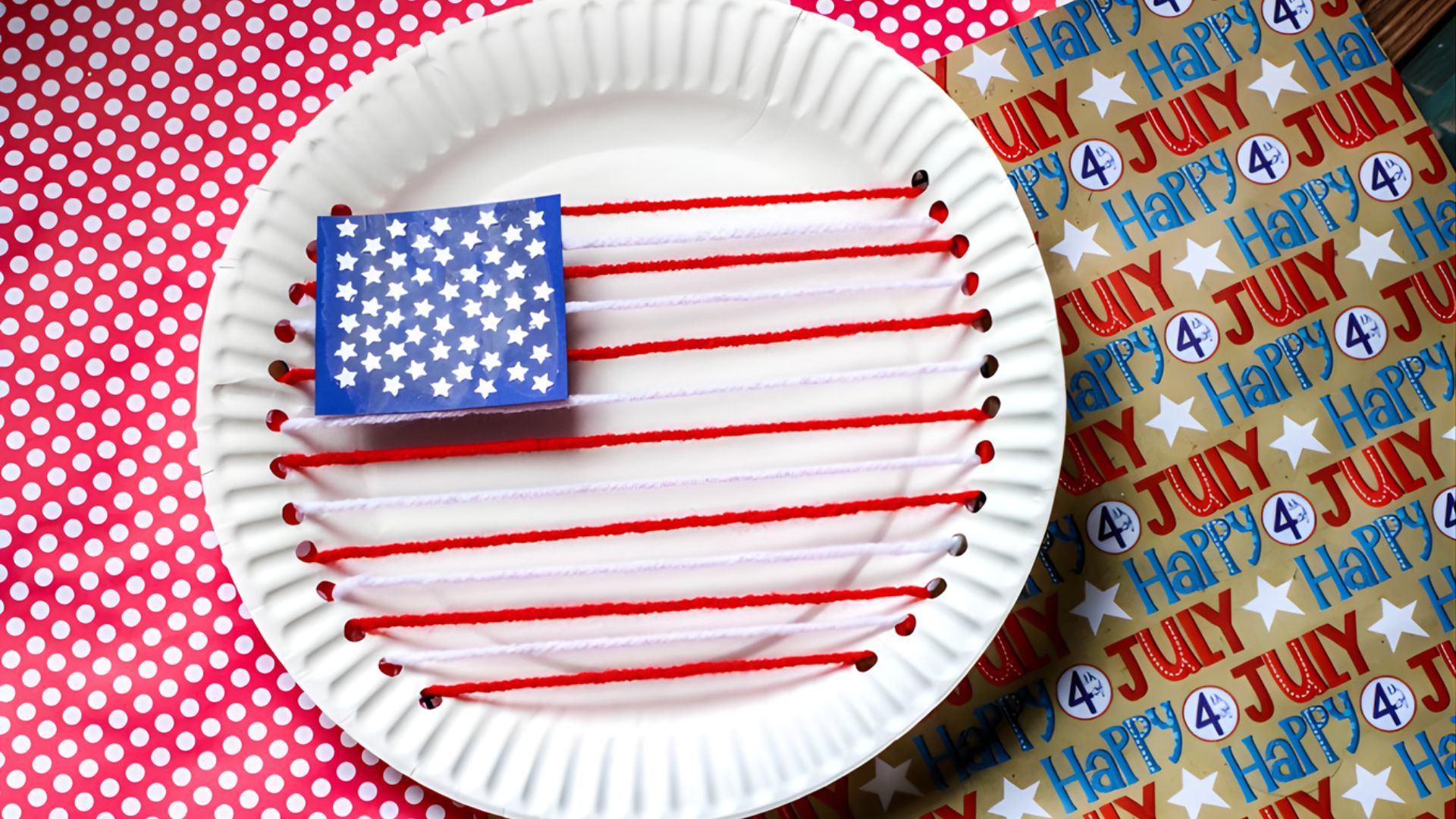 A paper plate featuring an American flag, representing a creative craft project celebrating national pride.