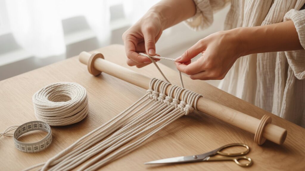 A woman skillfully weaves rope using a loom, demonstrating traditional crafting techniques.