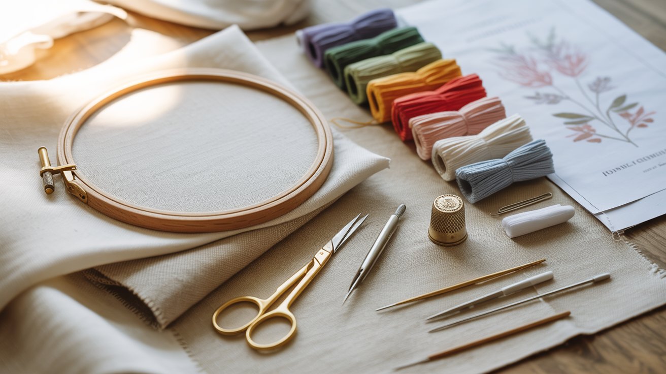 A table displaying various embroidery supplies, including threads, needles, and fabric swatches.