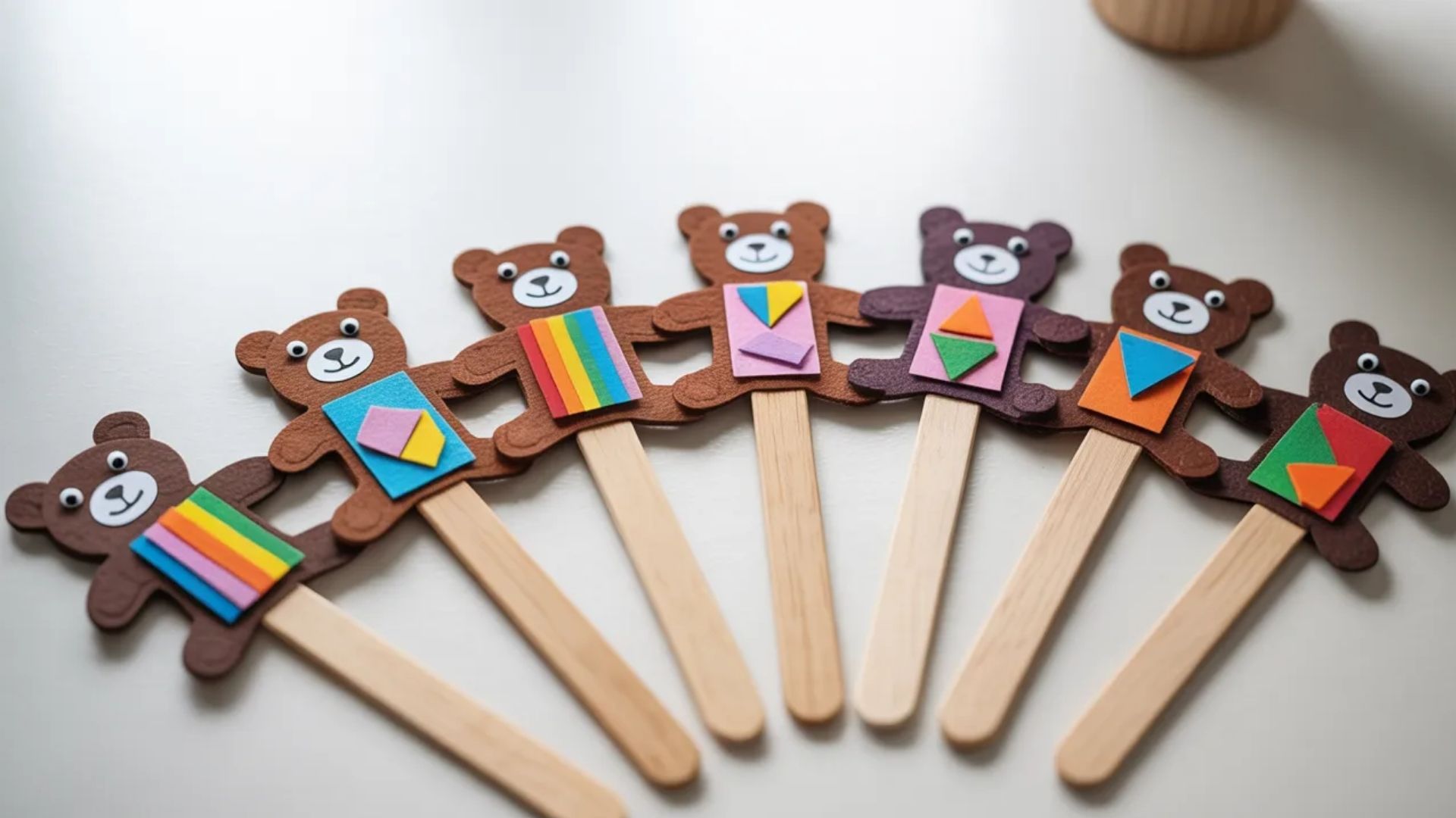 A set of wooden popsicle sticks, each topped with a colorful teddy bear figure.