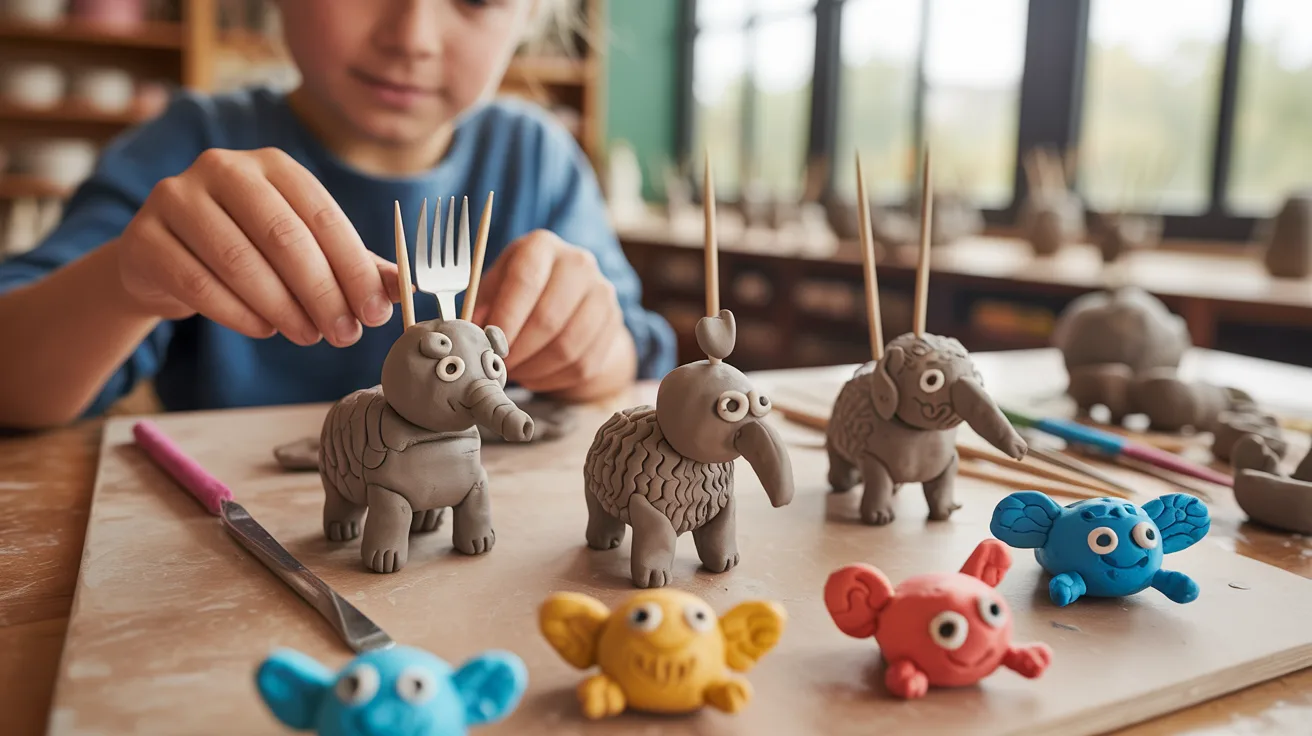 A child shapes clay elephants using a fork, showcasing creativity and playfulness in their artistic process.