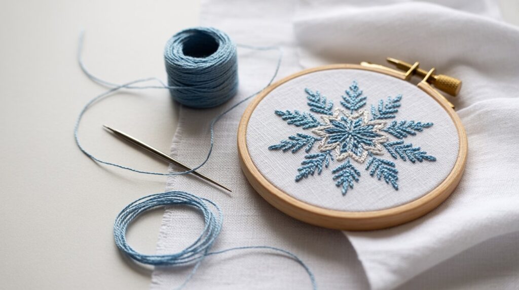A blue embroidered snowflake design on a white cloth background.