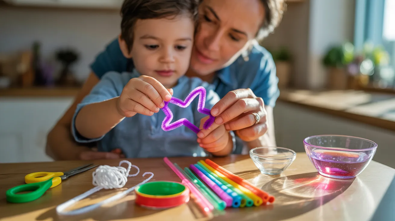 A woman and child work together to form a star with colorful plastic, emphasizing teamwork and artistic expression.