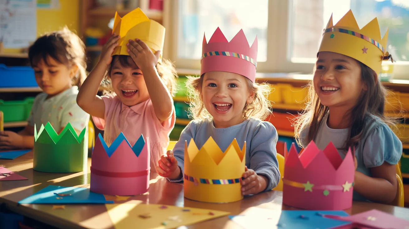 Children wearing colorful crowns sit around a table, engaged in a fun activity together.