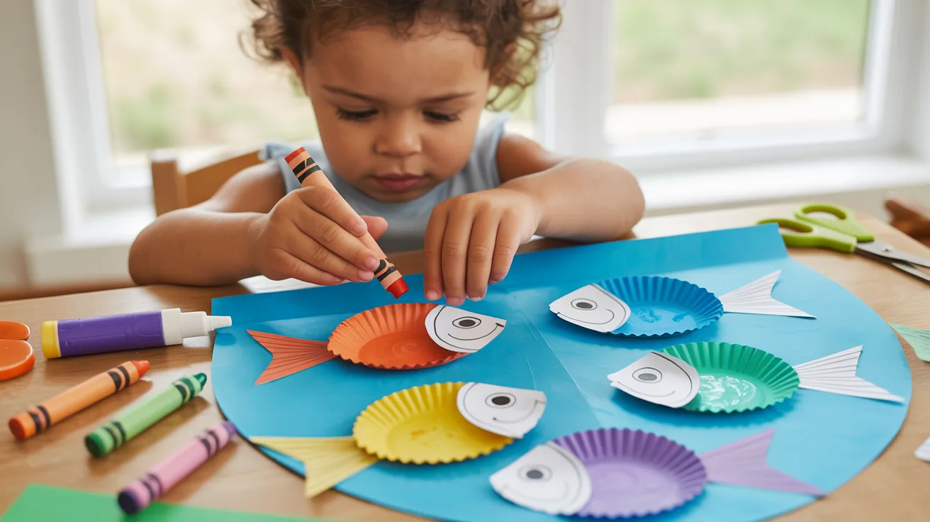 A child is crafting colorful paper fish, showcasing creativity and focus in their art project.