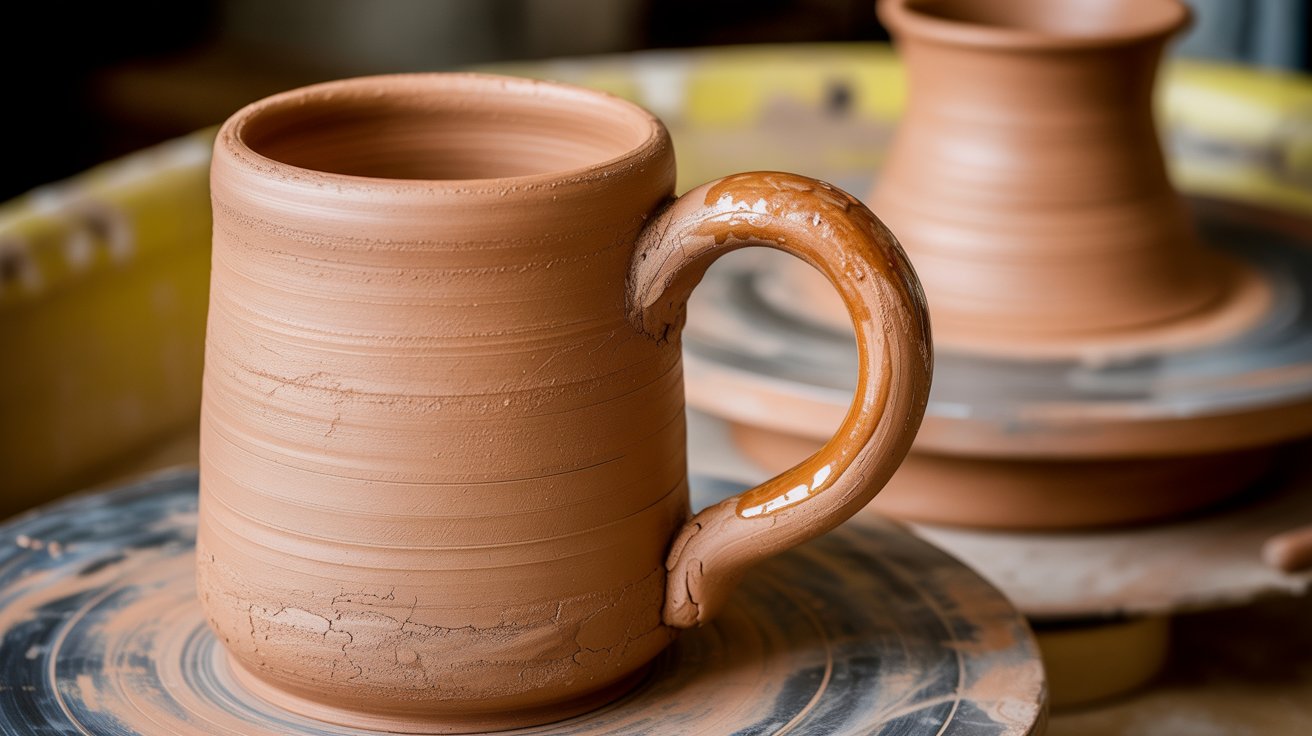 A potter shapes a clay pot on a spinning wheel, showcasing the art of pottery-making in progress.
