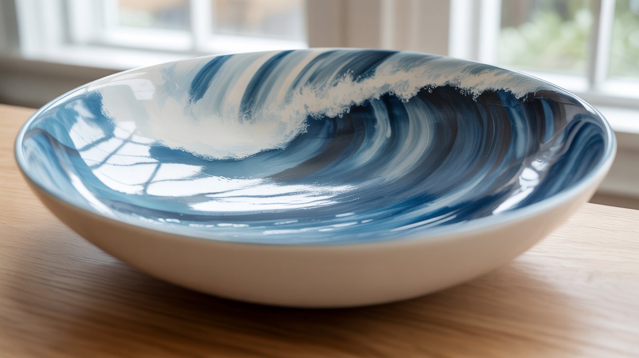A decorative bowl featuring a wave design, showcasing fluid lines and a smooth finish.