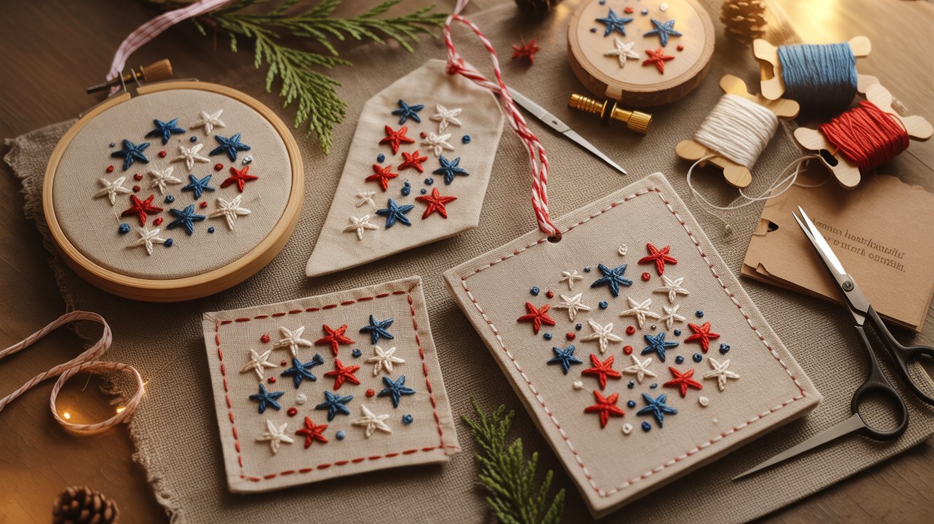. A table displaying various embroidery supplies alongside a decorative star ornament.