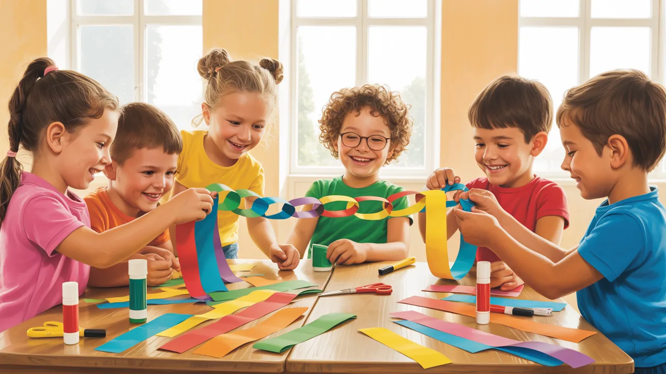 Children joyfully playing with colorful paper and scissors, creating art and engaging in imaginative activities together.