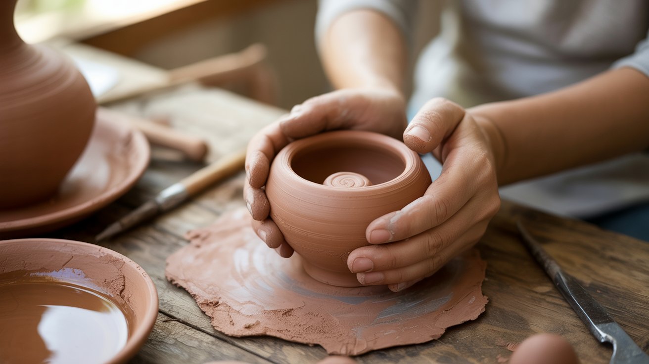 A person shapes clay on a potter's wheel, focused on creating a pottery piece.