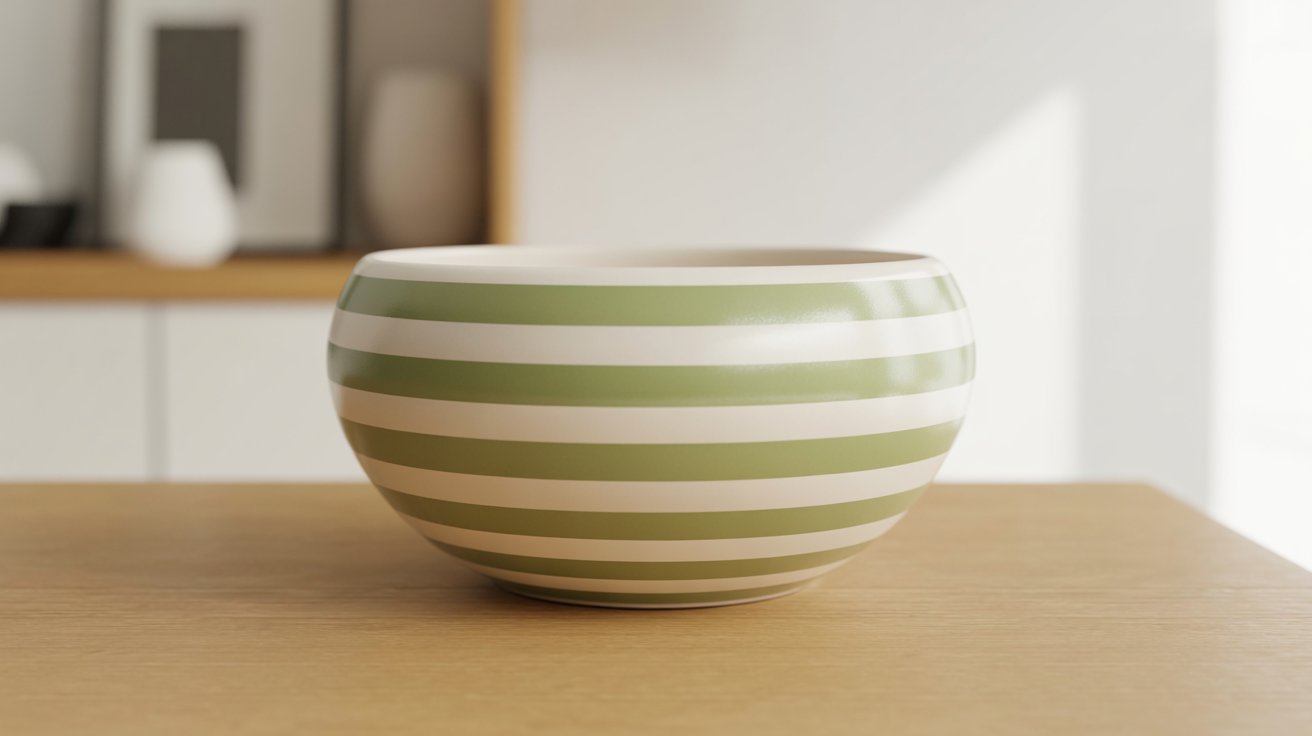 A green and white striped bowl placed on a wooden table, showcasing its vibrant colors and simple design.