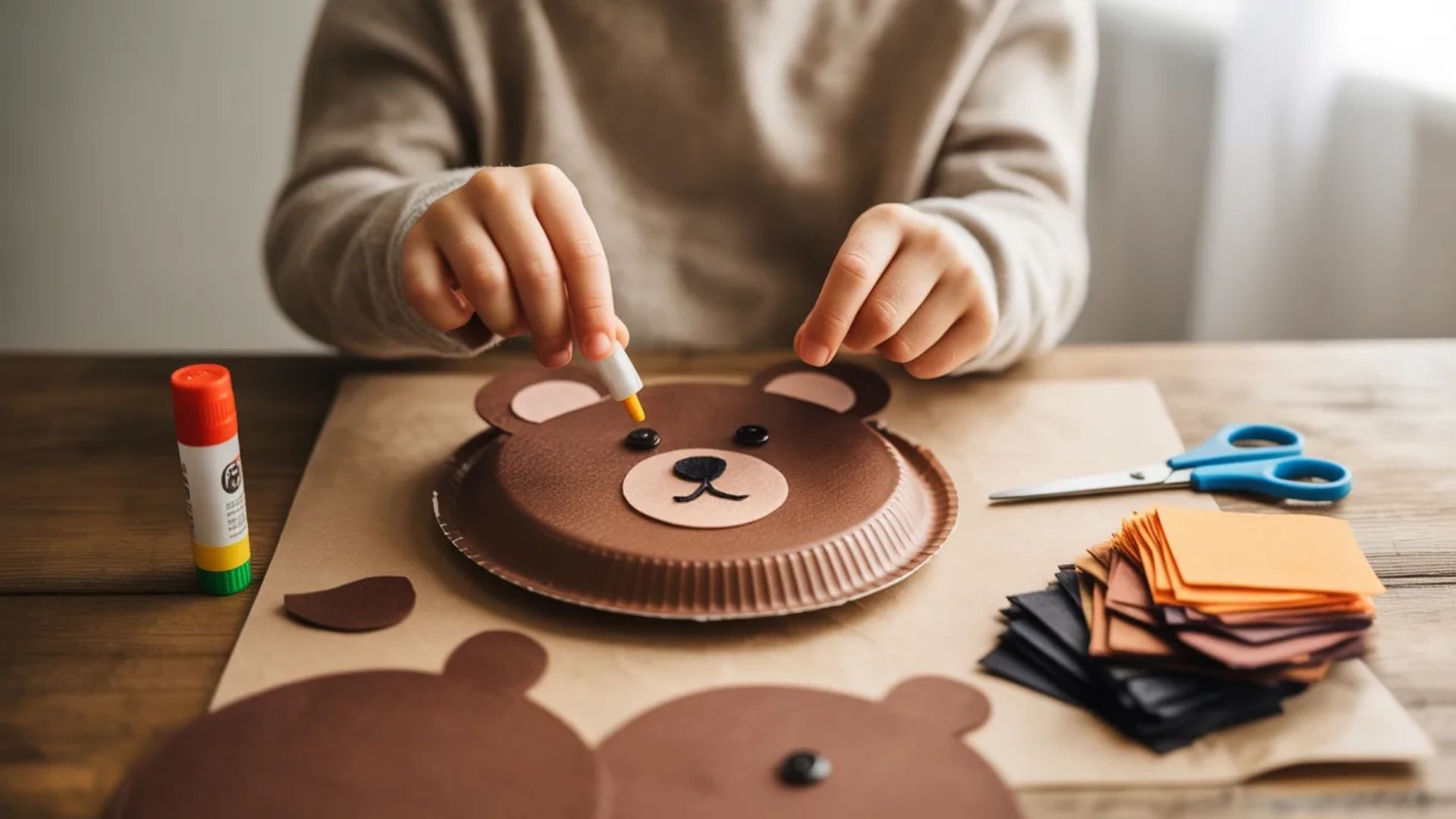 A child crafts a bear using a paper plate and colorful paper, showcasing creativity and hands-on art skills.