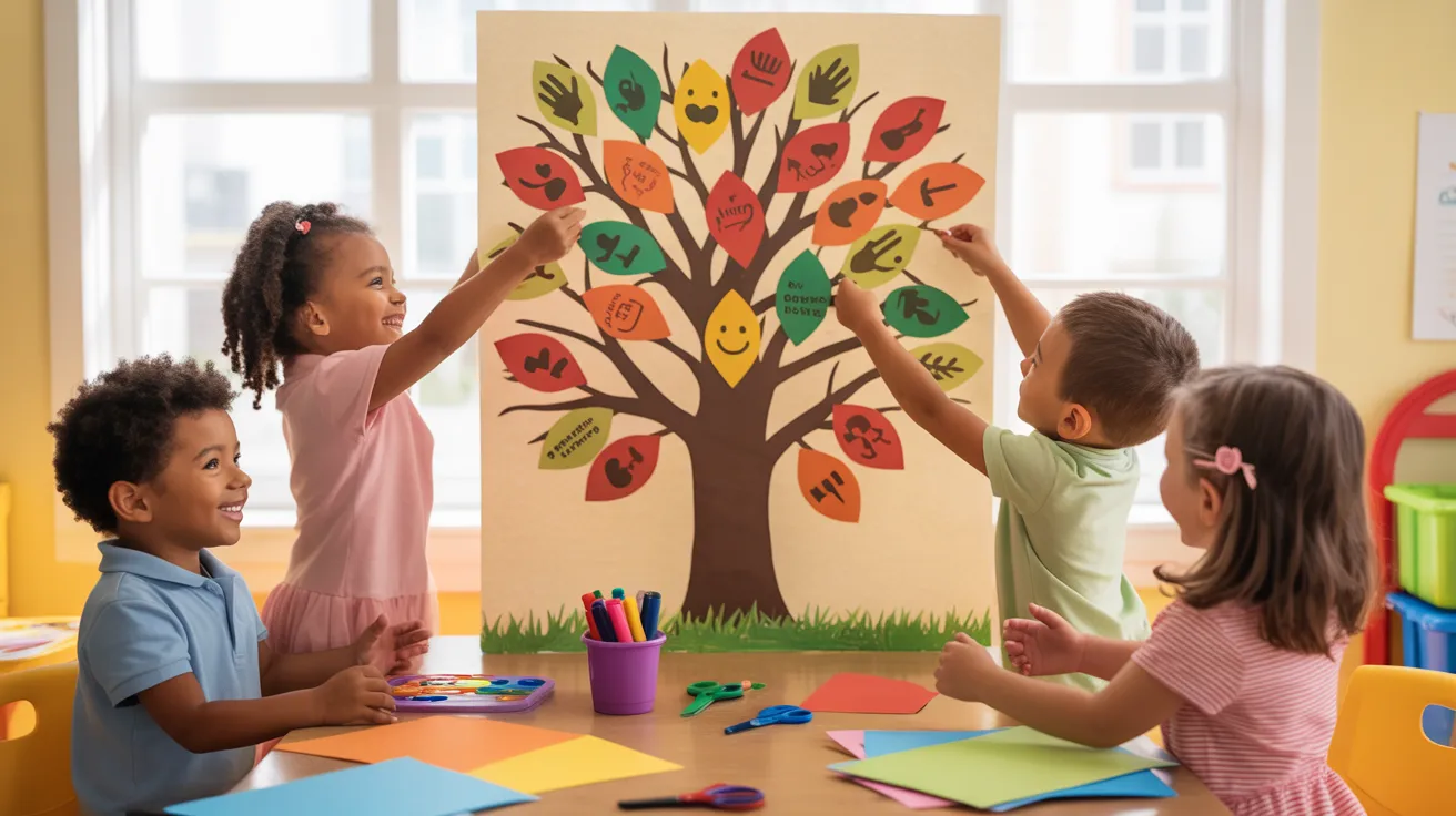 Children joyfully playing around a colorful tree in a bright classroom filled with educational materials.