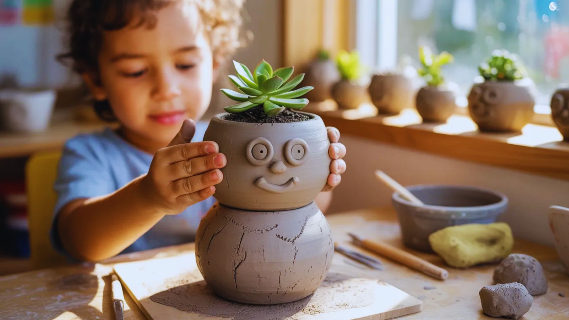 A child holds a clay pot featuring a painted face, showcasing their creativity and artistic expression.