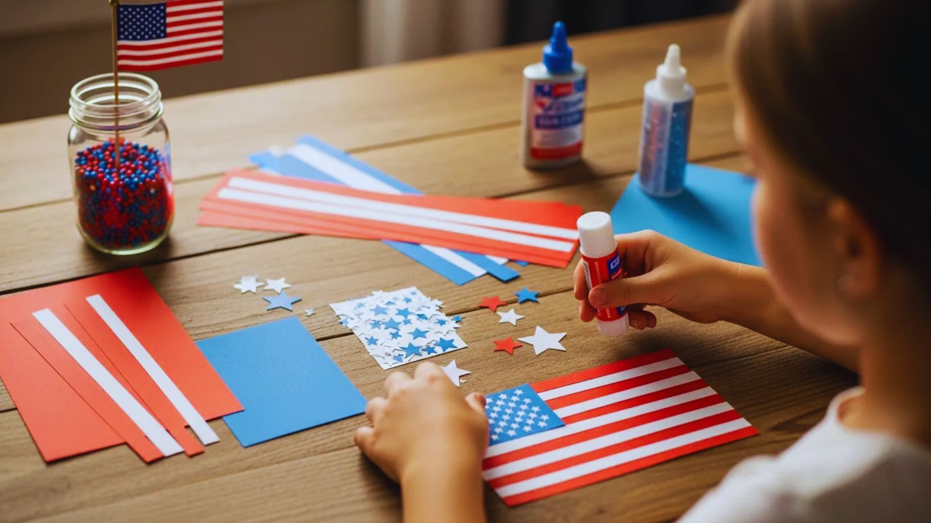 A young girl is creating a craft project featuring the American flag using colorful materials and scissors.