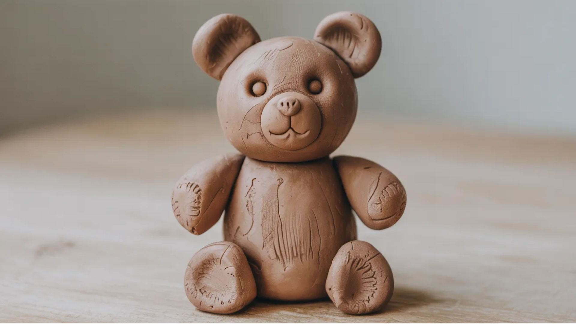 A brown teddy bear is seated on a wooden table, showcasing its soft fur and friendly expression.