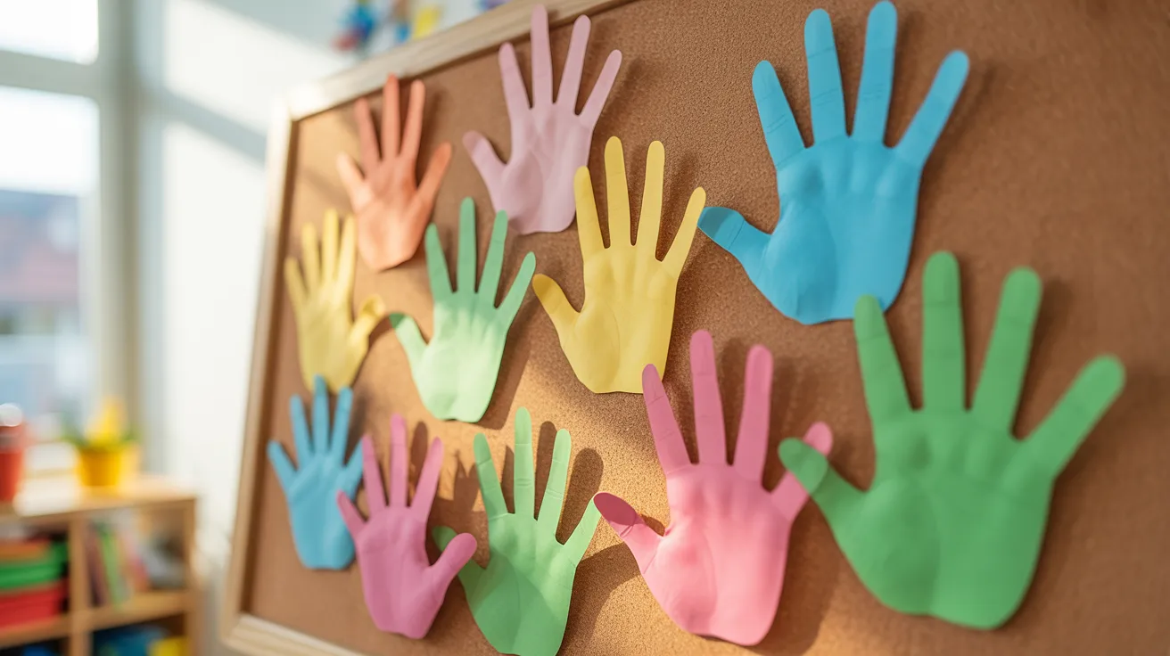 A cork board displaying an array of colorful handprints in various sizes and shades.