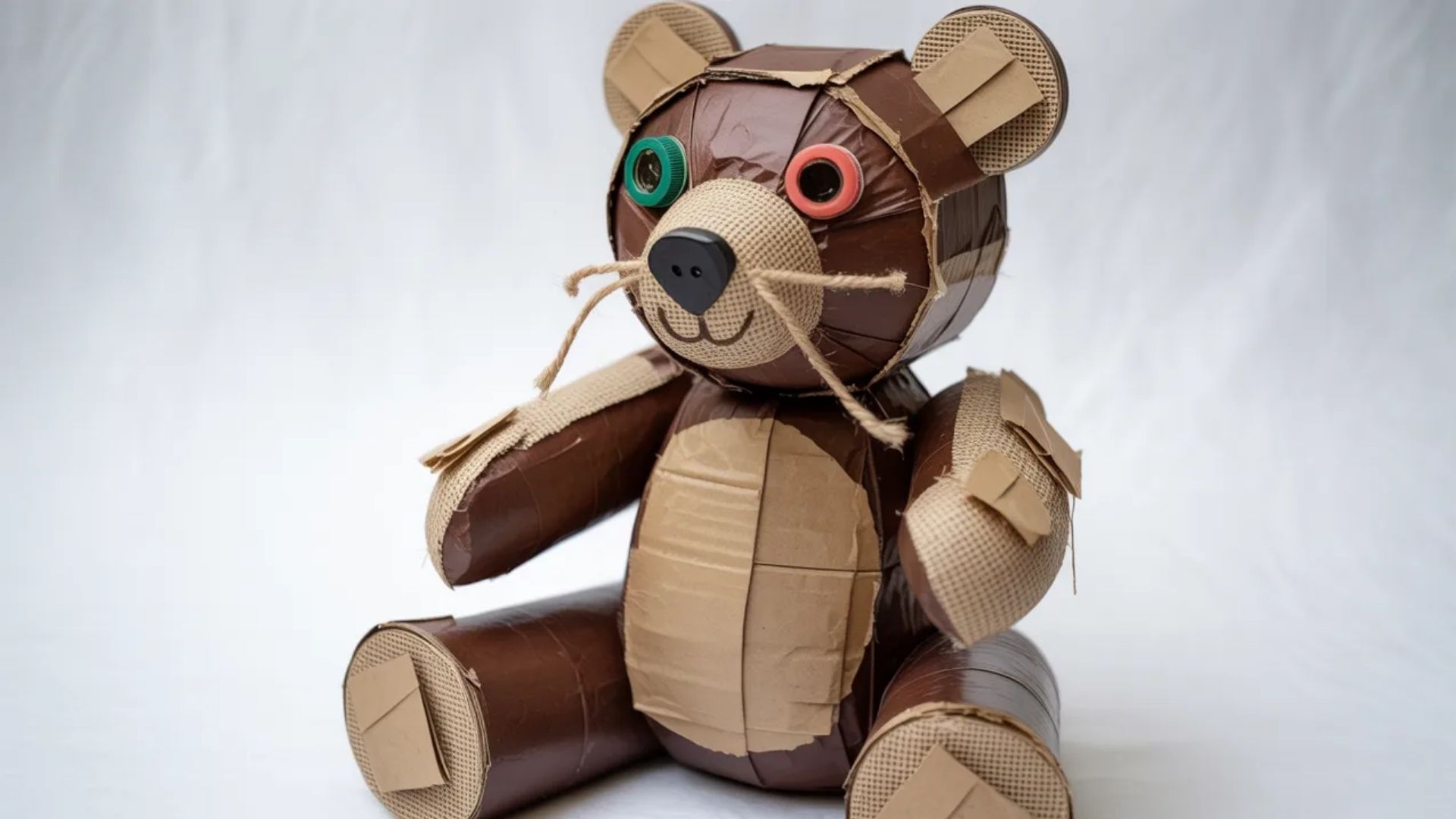 A teddy bear crafted from recycled cardboard, showcasing eco-friendly design and creativity.