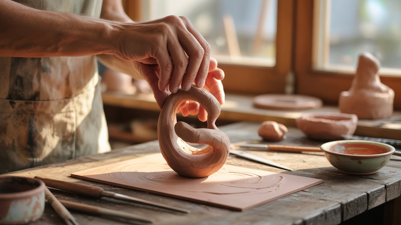 A person shapes a clay sculpture on a table, focusing intently on their artistic creation.