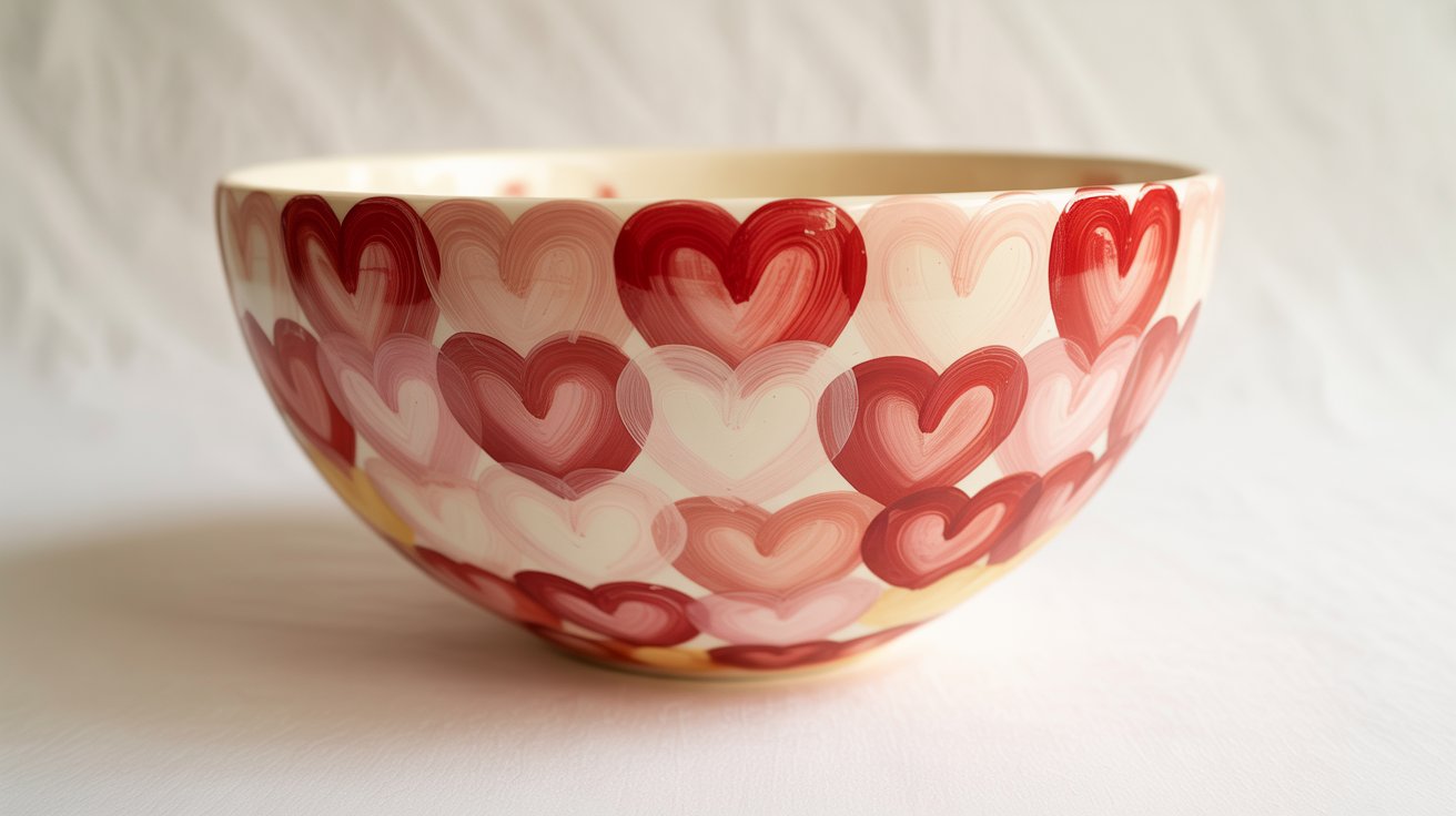 A bowl embellished with painted hearts, showcasing a playful and artistic design.