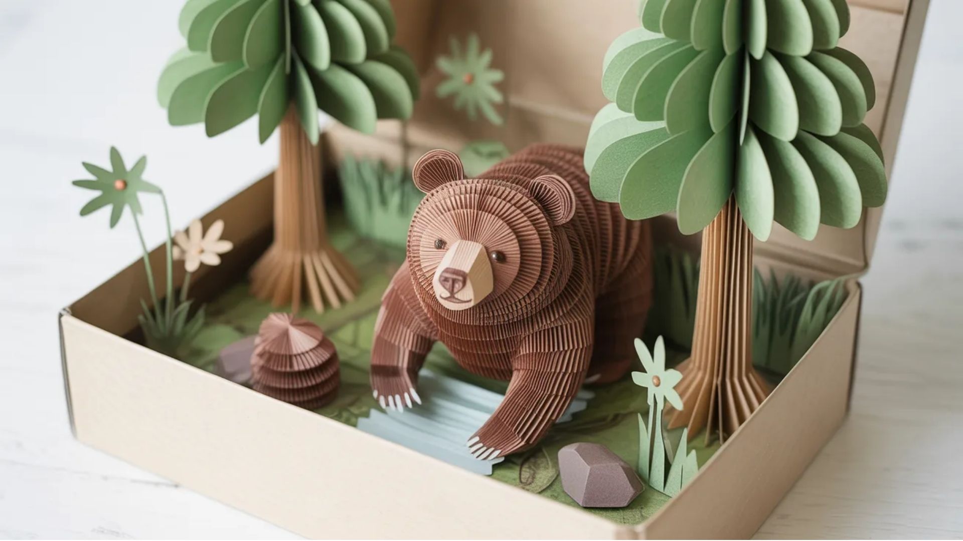 A paper cutout of a bear placed inside a small box, showcasing a creative and playful design.