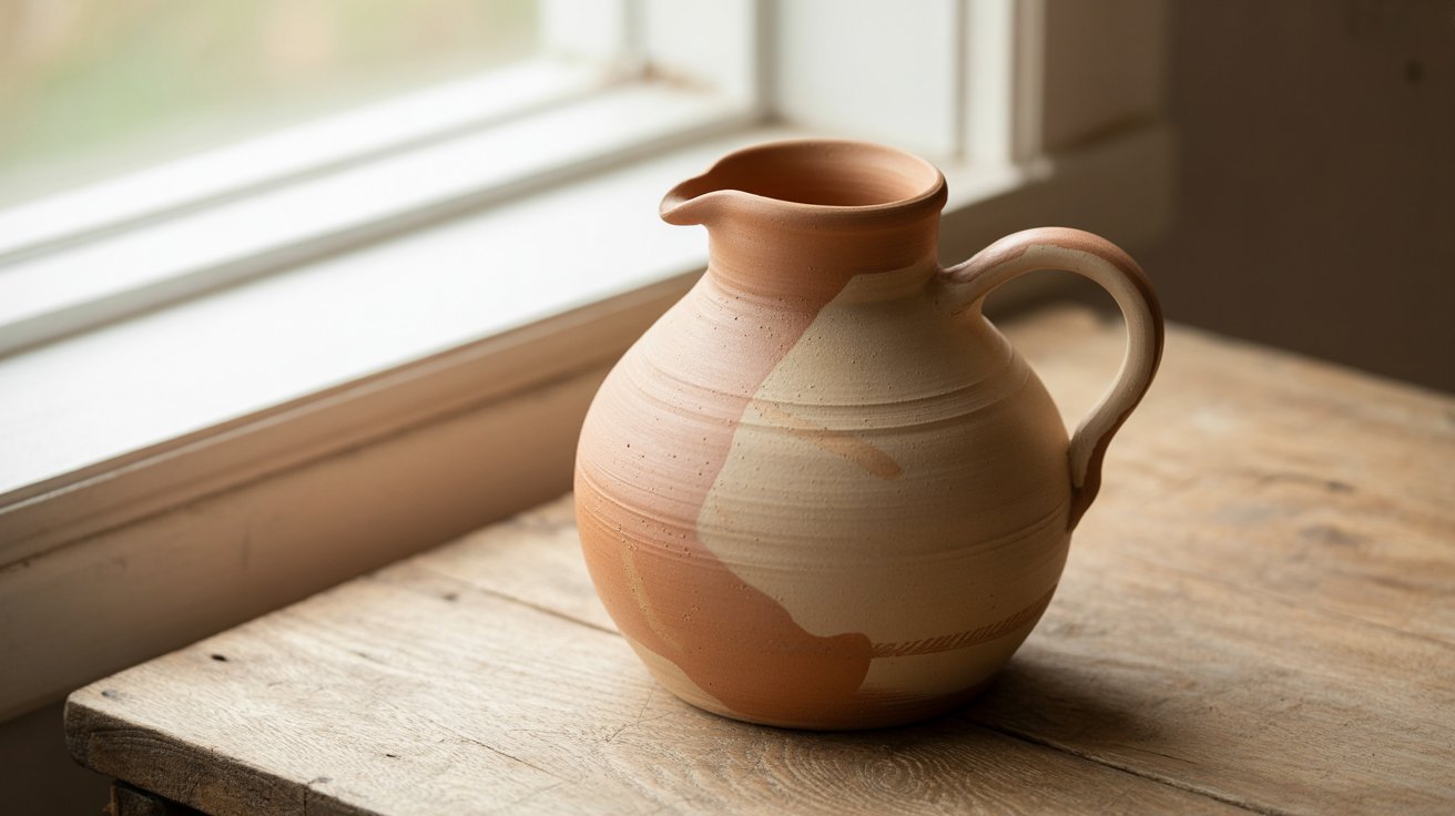 A brown jug rests on a wooden table beside a window, casting soft shadows in the natural light.