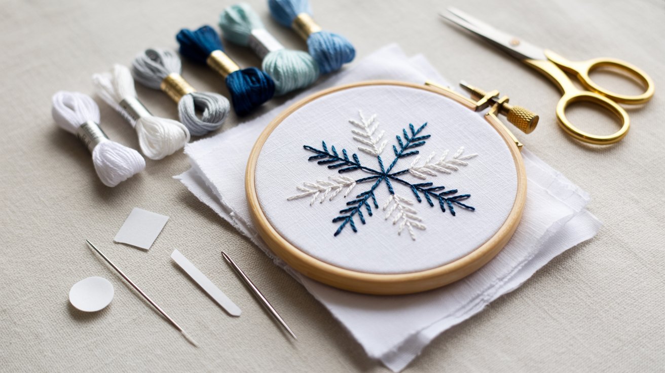 Snowflake embroidery kit featuring scissors, colorful thread, and needles for crafting projects.