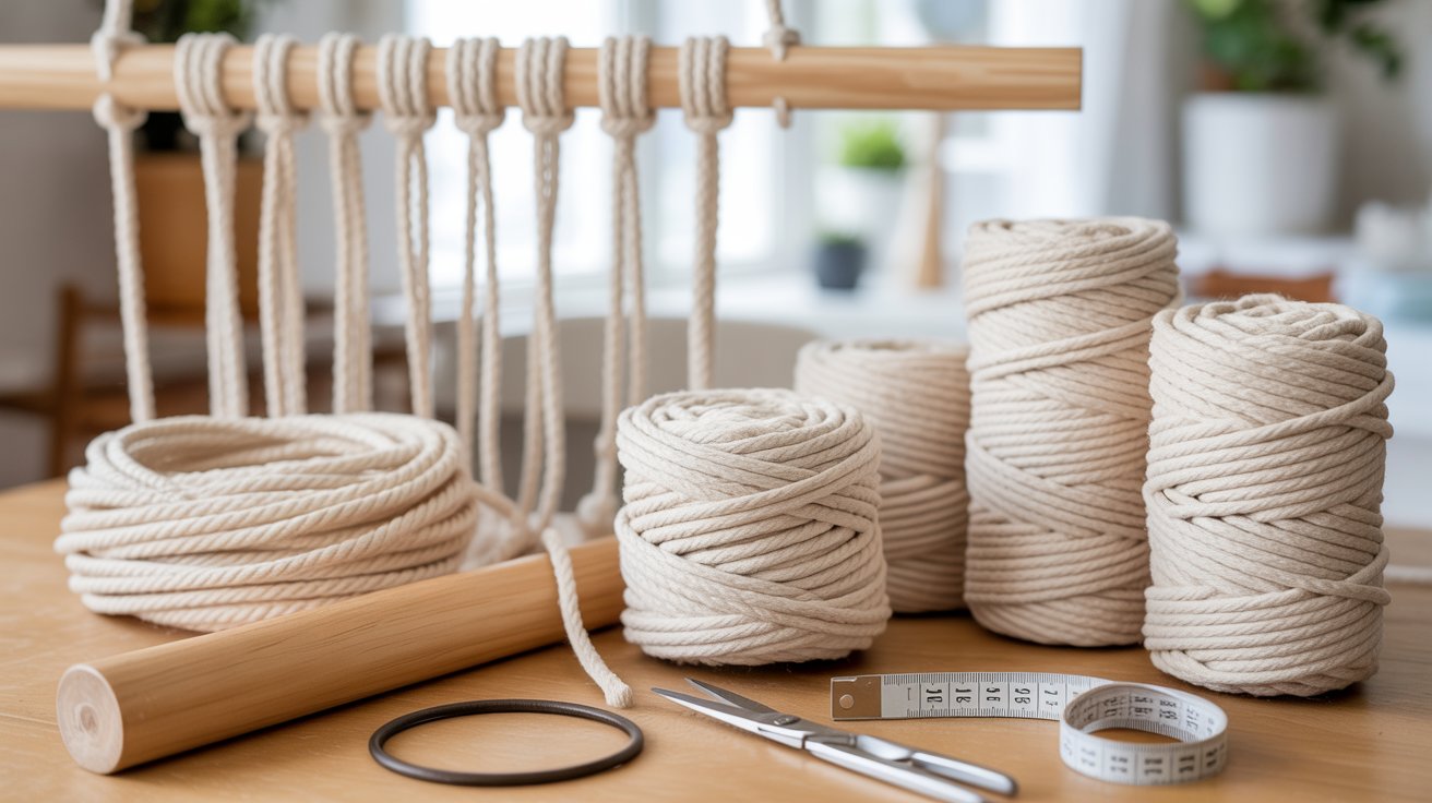 A variety of ropes in different colors and textures displayed on a wooden table.