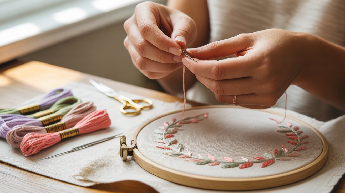 A woman stitches on an embroidery hoop, surrounded by colorful threads and fabric, focused on her craft.