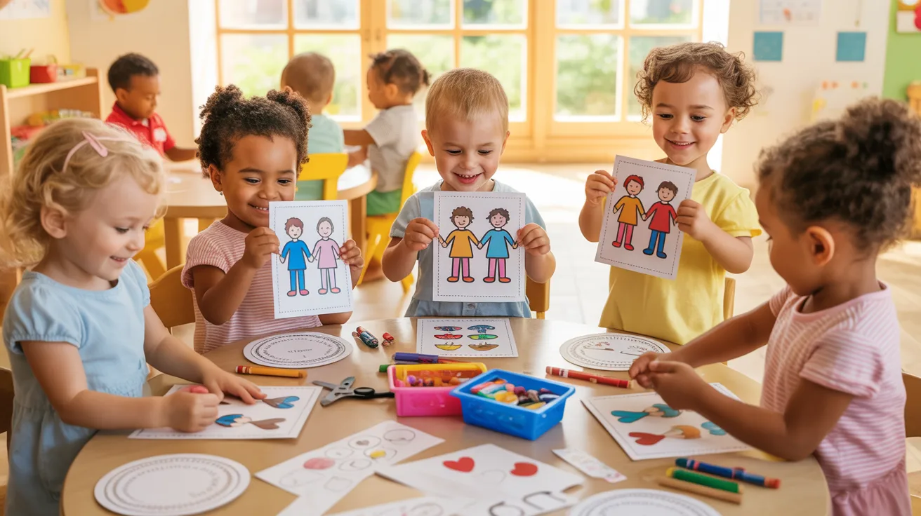 Children in a classroom proudly hold up pictures of their faces, showcasing their creativity and individuality.
