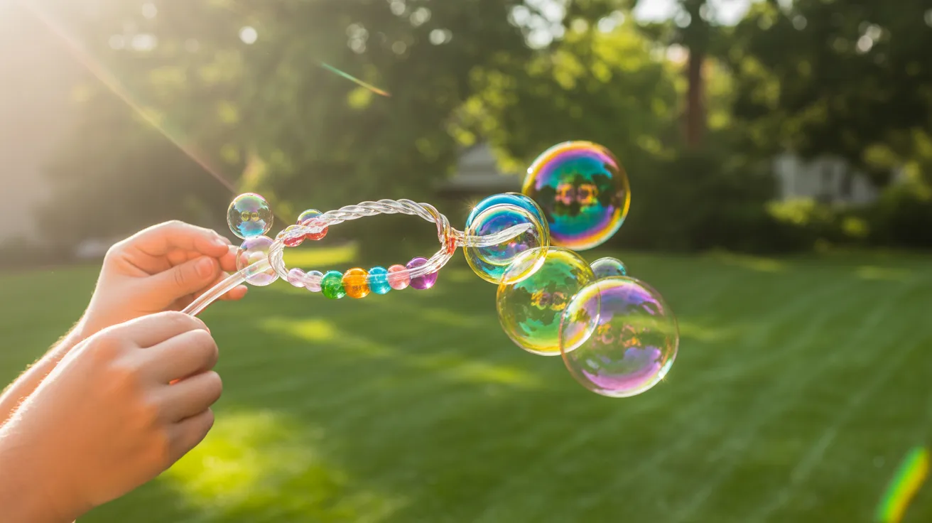 Testing the DIY Bubble Wand by dipping it in bubble solution and creating bubbles in a sunny outdoor setting.
