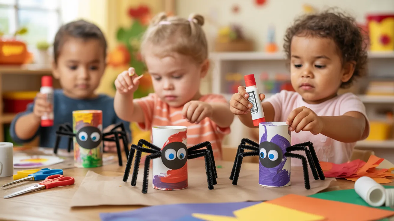 A child creating spider crafts using colorful materials, showcasing creativity and fun in a crafting activity.