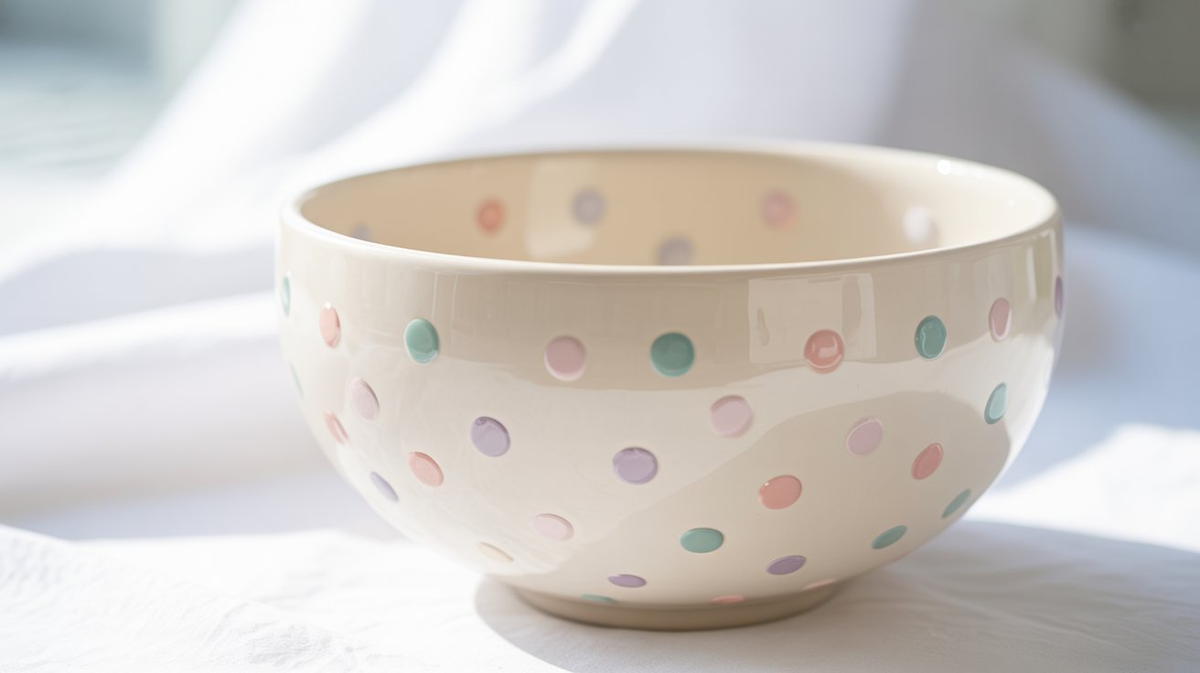 A white bowl decorated with bright polka dots, creating a lively and fun visual effect.