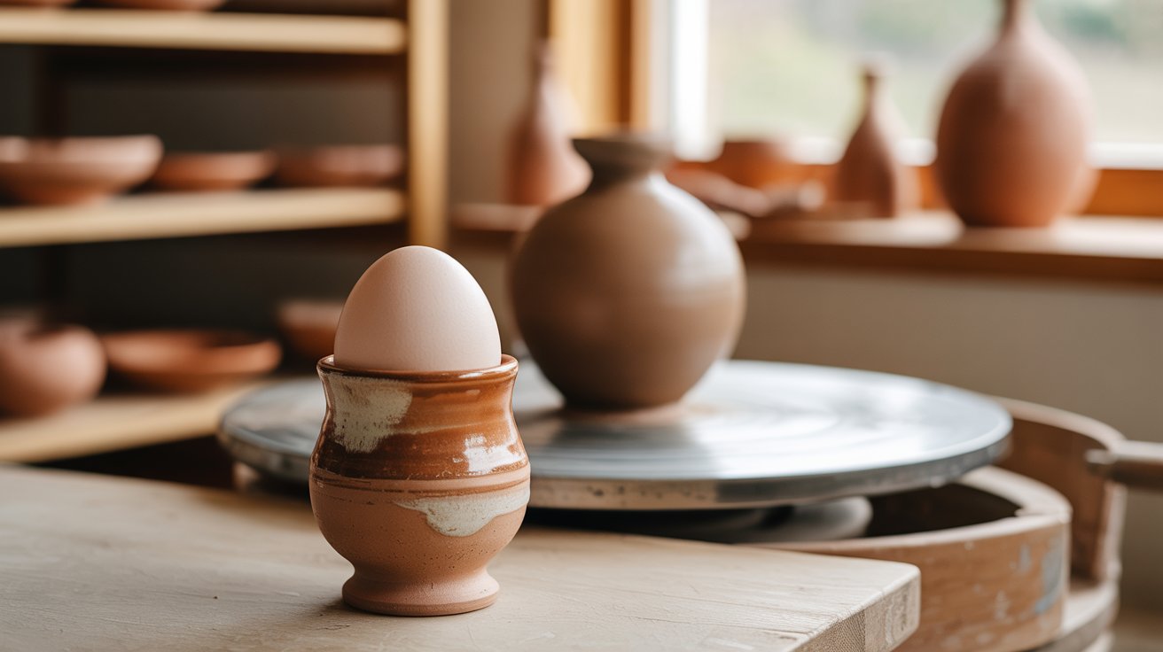 A brown egg balanced on a spinning pottery wheel, showcasing the contrast between the egg and the clay surface.
