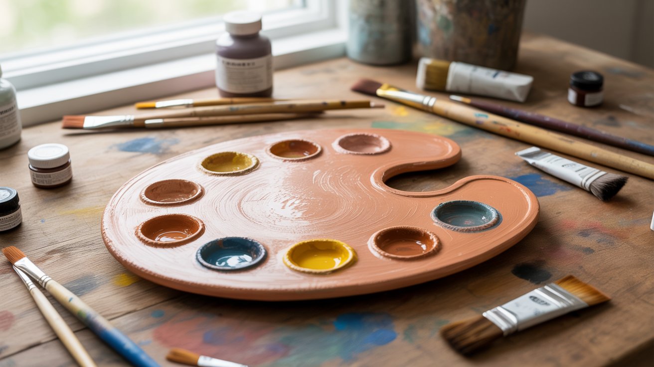 A palette surrounded by paint brushes and various art supplies, showcasing a vibrant array of colors and tools for creativity.