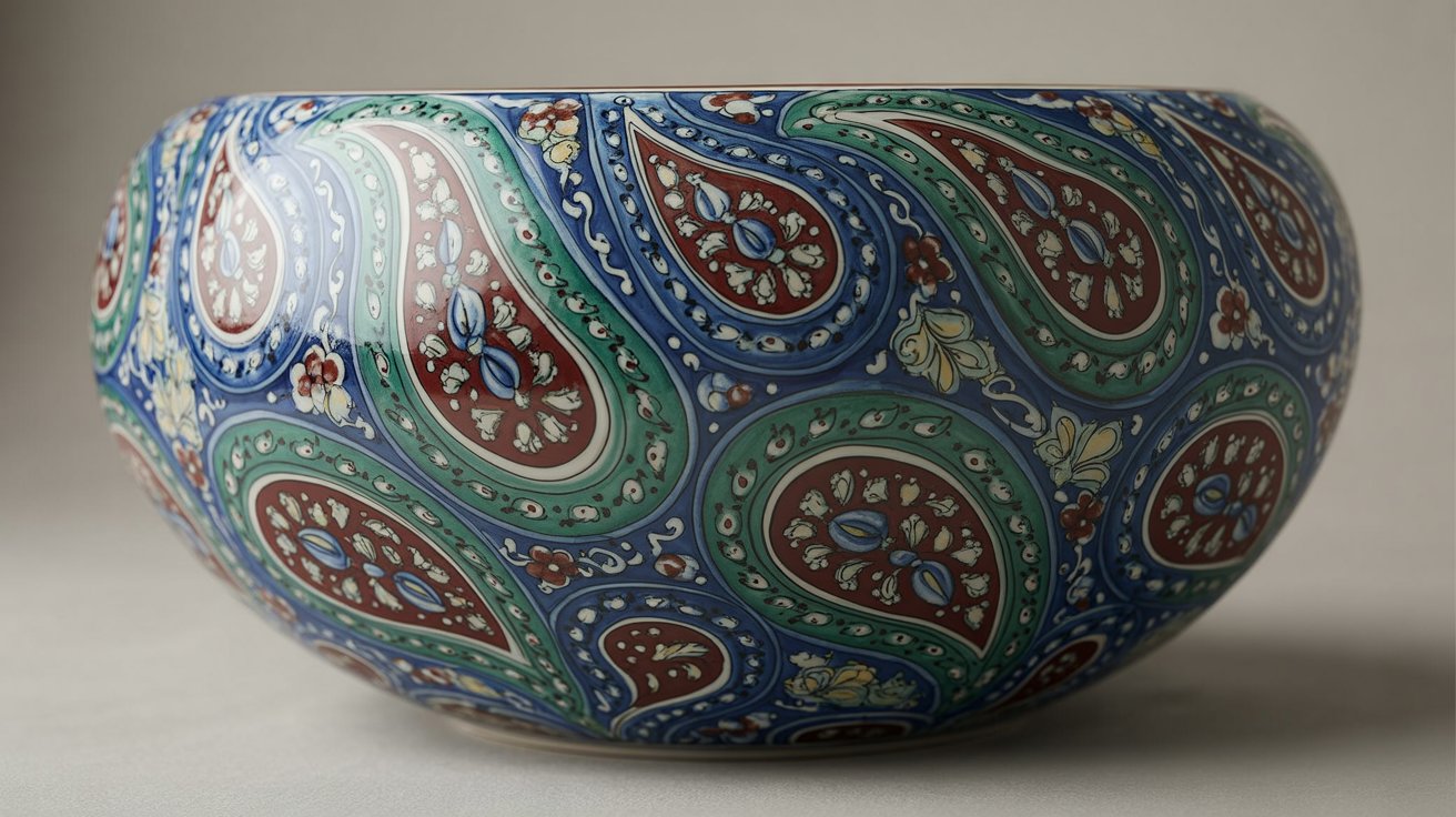 A blue and green vase featuring an intricate paisley design, showcasing elegant curves and vibrant colors.