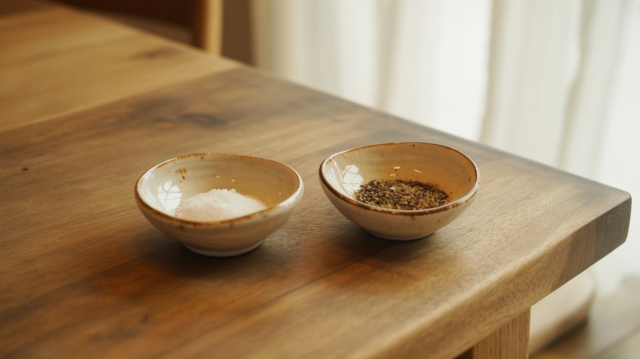 Two small bowls of salt and pepper placed on a wooden table, ready for seasoning dishes.