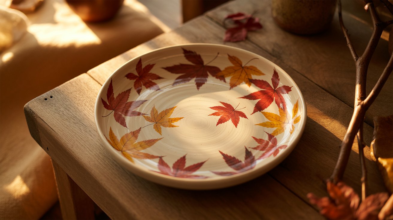 A bowl filled with vibrant, colorful leaves rests on a wooden table, showcasing autumn's beauty.