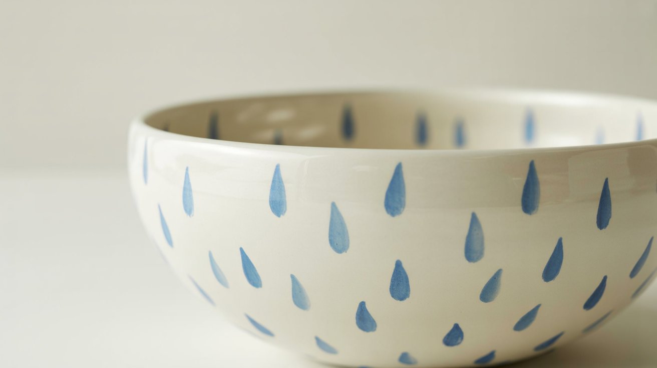 A bowl featuring a design of blue and white raindrops, creating a visually appealing and colorful effect.