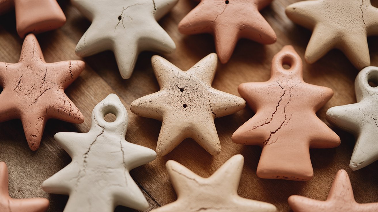 Step-by-step guide on creating clay Christmas ornaments, featuring tools, materials, and finished examples.