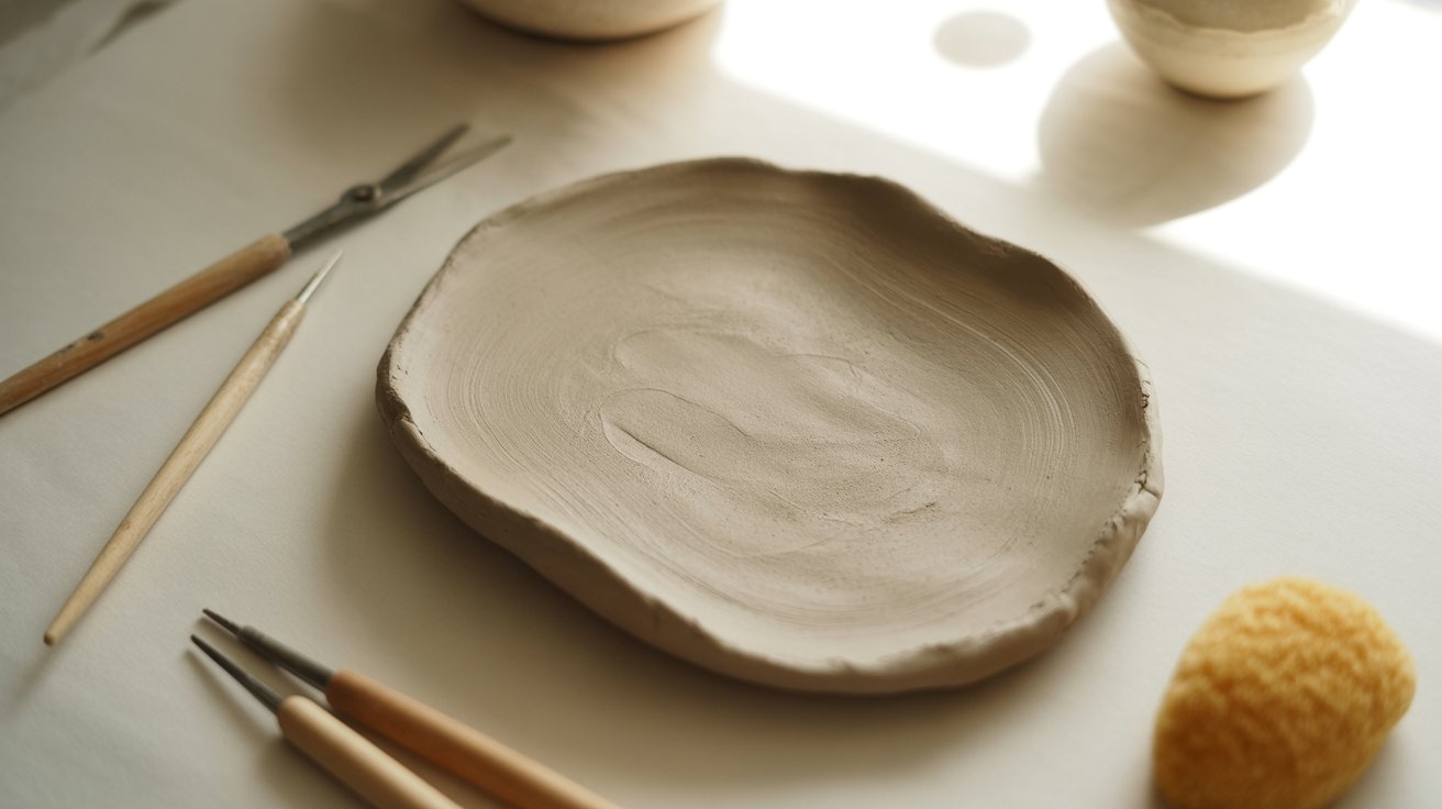 A clay plate accompanied by a brush and a knife, arranged neatly for artistic use.