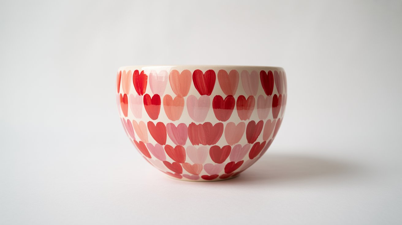 A red and pink cup decorated with hearts, showcasing a romantic and playful design.