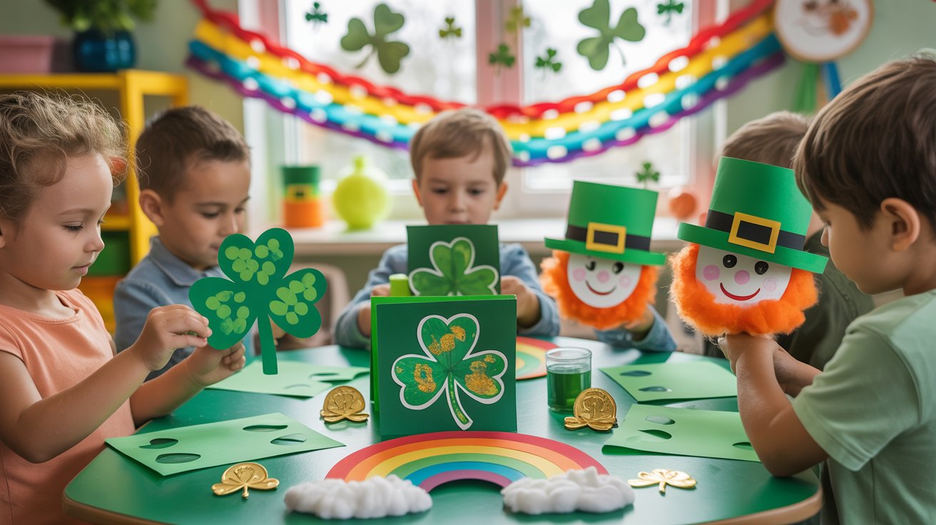 Children gather around a table adorned with shamrocks and festive decorations for a celebration.