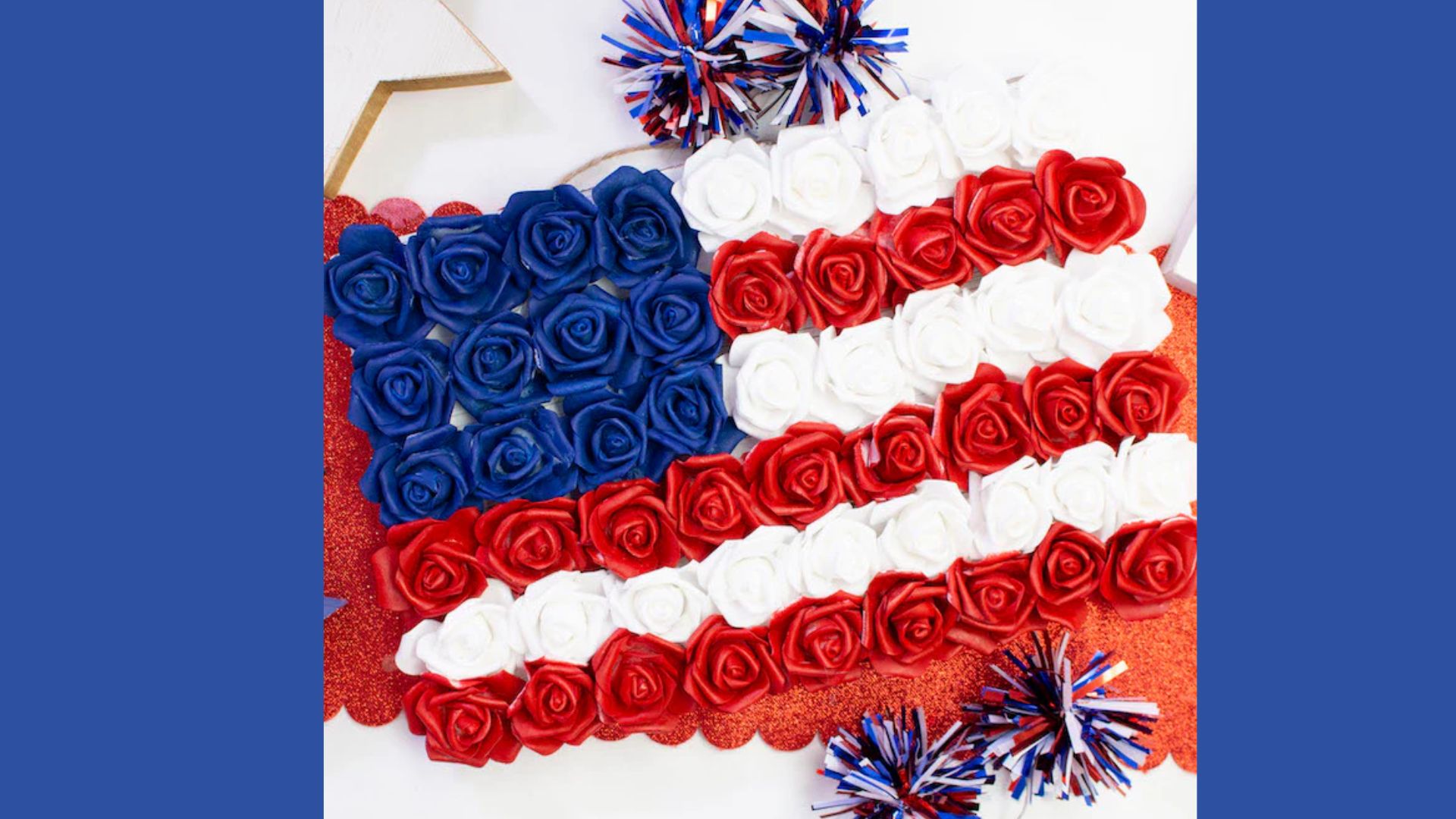 A patriotic cake adorned with red, white, and blue roses, symbolizing national pride and celebration.
