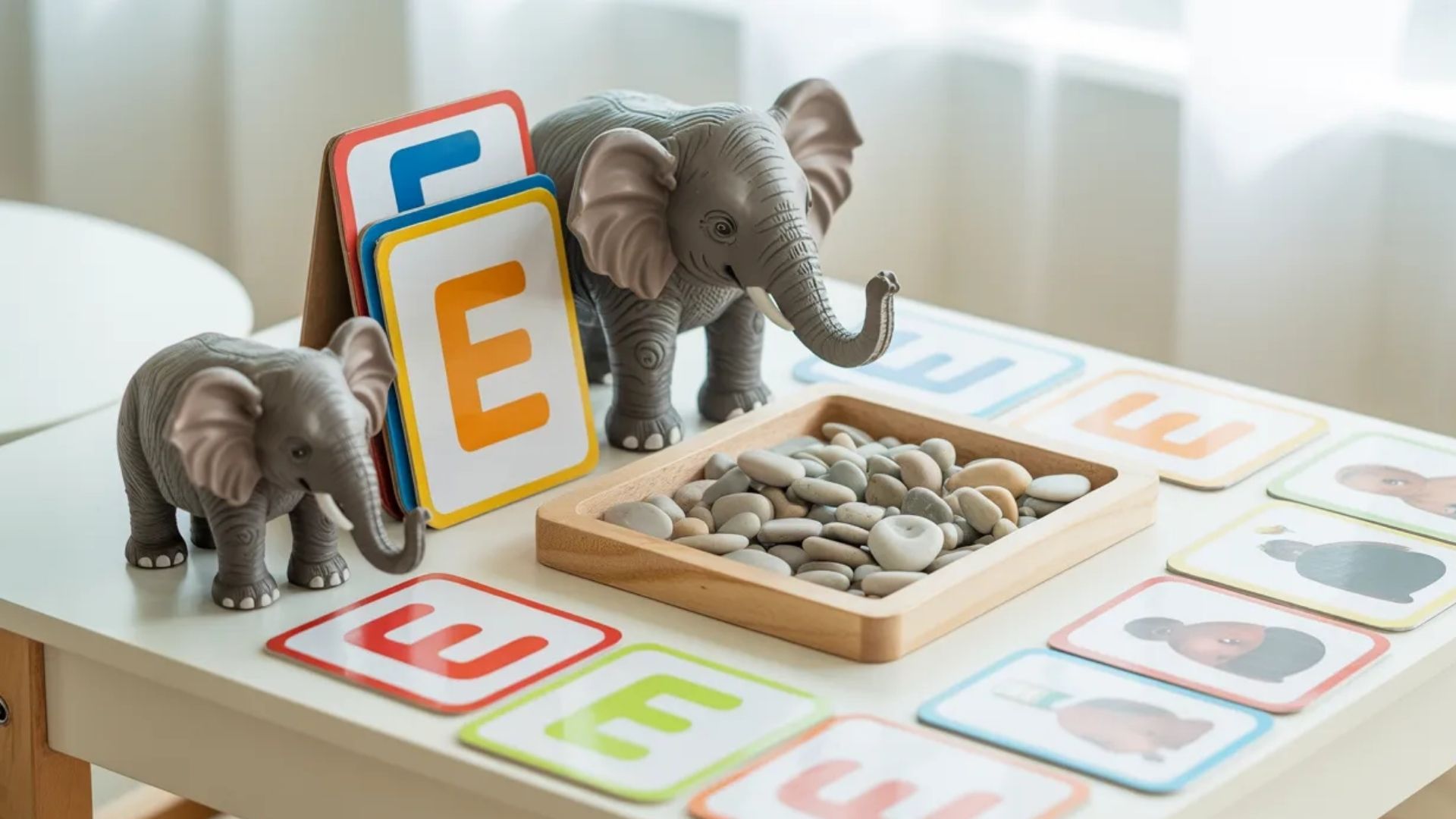 . A collection of colorful elephant toys and scattered letters arranged on a wooden table.