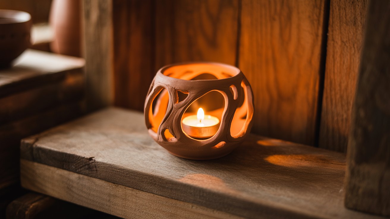 . A small candle placed inside a ceramic vase, showcasing a simple and elegant decorative arrangement.