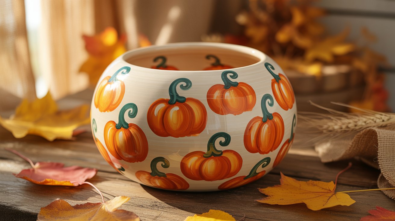 A decorative vase shaped like a pumpkin, adorned with vibrant leaves and miniature pumpkins for a seasonal touch.